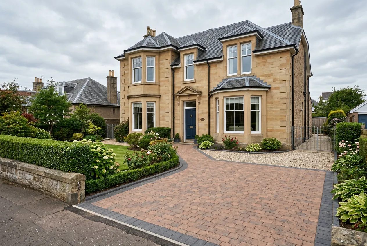 Blonde sandstone villa in Broughty Ferry Dundee with a new brindle block paved drive