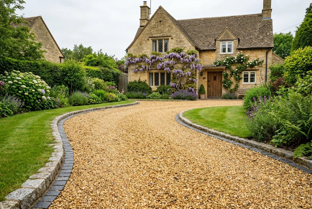 Golden gravel sweep with granite sett edging before a Scottish stone cottage