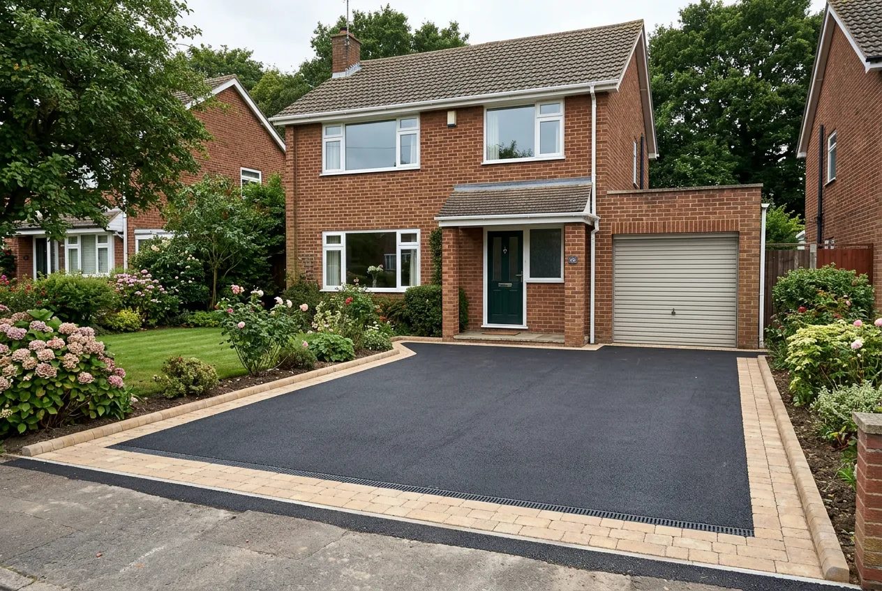 Fresh black tarmac driveway with buff block edging before a brick detached house